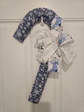 Blue Snowflake Candy Cane Door Hanger with White Glitter Bow Wintee